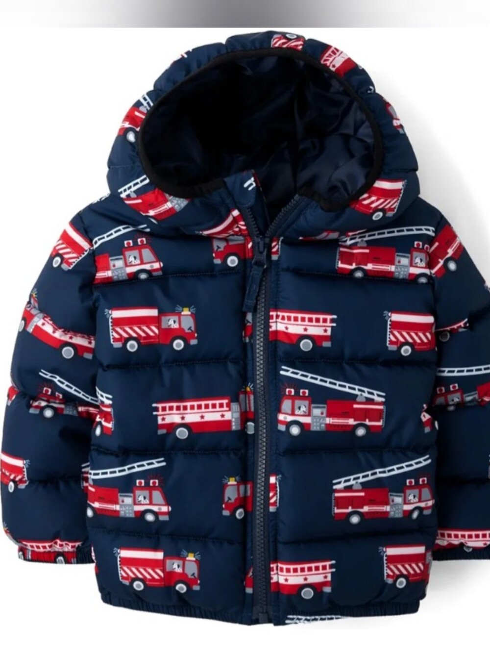 The Children's Place Navy Blue Puffer Jacket with Red Fire Truck Print